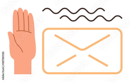 Raised hand signals stop, envelope suggests communication, wavy lines imply boundaries, limits, or delayed interaction. Ideal for email etiquette, boundaries, privacy, communication limits warnings