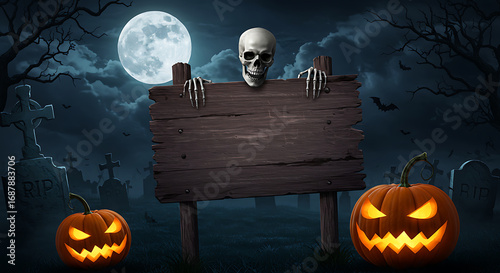 A spooky Halloween scene with a skeleton emerging from behind a wooden sign, flanked by jack-o'-lanterns in a moonlit graveyard.