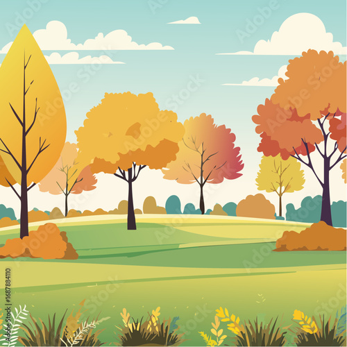 Ginkgo Trees in Autumn, Watercolor Botanical Illustration, Lush Garden Setting with Grass, Nature Collection.