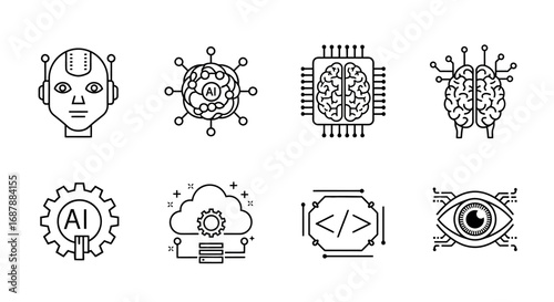 AI Technology Icons Futuristic Brain, Robot Head, Cloud Computing, and Eye Data