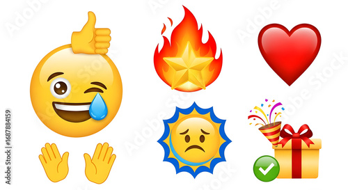 Emoji Set for Social Media Reactions | Thumbs Up, Fire, Heart, Hands, Sad Sun, Gift Box Icons for App Design, Messaging, and UI Elements