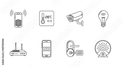 Comprehensive collection of smart home technology line icons, illustrating interconnected devices for automation, security, climate control, and modern convenience in living spaces