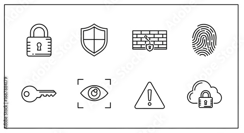 A versatile set of outline icons for digital security, illustrating cybersecurity concepts, data protection, and online privacy