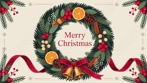 Festive Christmas Wreath Illustration with Red Ribbon, Pine Cones, Oranges, Bells, and Berries for Holiday Greeting Cards