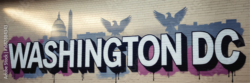 Washington DC Street Art Mural with Capitol Building, Urban Graffiti Style Wall, Colorful City Skyline, and Bold Lettering