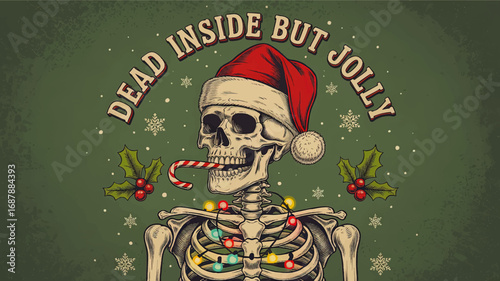 Quirky Skeleton in Santa Hat with Candy Cane and Christmas Lights, Dead Inside But Jolly, Funny Dark Holiday Art