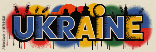 Ukraine Typography Art with National Colors, Wheat, and Church Silhouettes – Vibrant Street Art Style Illustration
