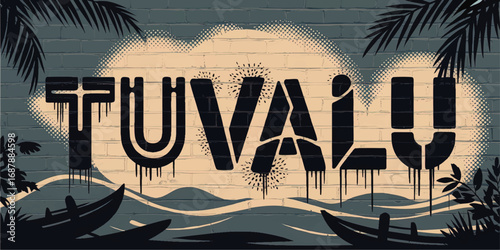 Tuvalu Street Art Graffiti on Brick Wall – Tropical Island Silhouette, Ocean Waves, Palm Trees, Canoe, Urban Mural Illustration