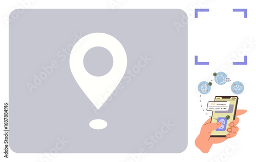 Location pin, hand holding phone scanning QR code with text and global icons. Ideal for navigation, security, technology, geolocation, digital access, mobile integration user convenience. Simple