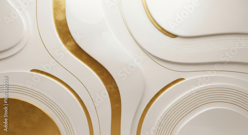 Elegant Gold Waves: A luxurious and sophisticated abstract background with flowing white and gold curves and lines, evoking a modern art deco style for elegant wedding or luxury designs.