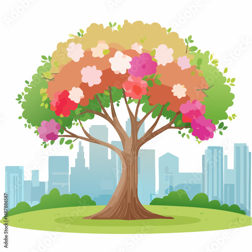Vector watercolor blooming flower tree side view isolated on white background for landscape and architecture drawing, elements for environment or and garden,Sakura trees for .