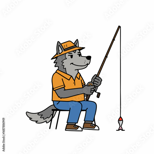 Cool wolf angler patiently waits for a bite, enjoying a peaceful fishing day outdoors