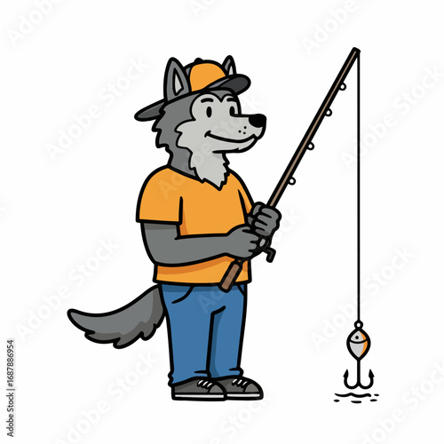 Cartoon wolf angler patiently waits for a bite with fishing rod and bait