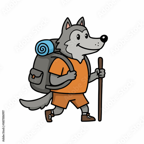 Cheerful cartoon wolf hiker with backpack and walking stick embarking on adventure