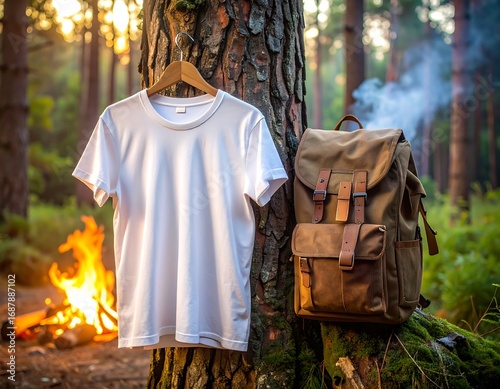 White t-shirt mockup hanging on tree with backpack near campfire in forest, perfect for outdoor adventure branding.