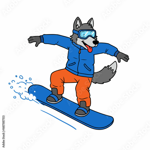 Joyful wolf character shredding powder on a snowboard, action sports fun