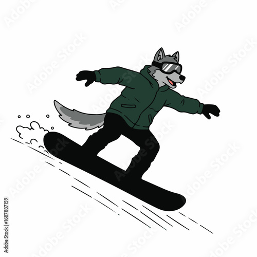 Joyful wolf character shreds down snowy slope on snowboard with goggles