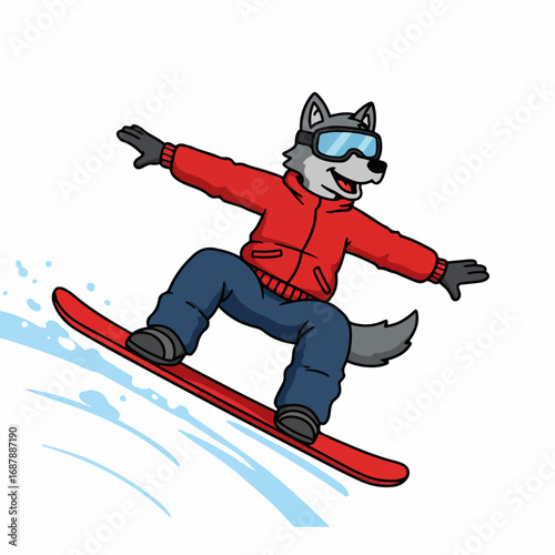 Dynamic wolf character snowboarding with snow spray, perfect for winter fun