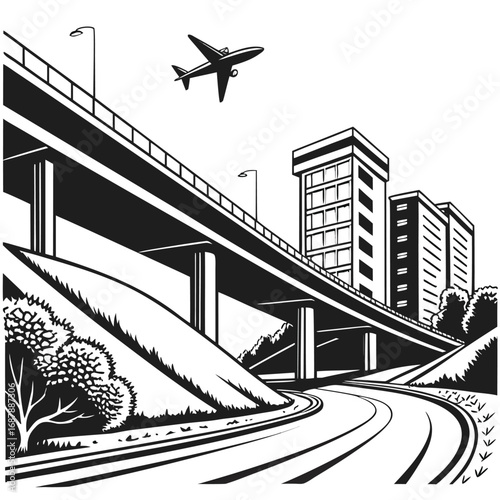 Airplane flies above an overpass near buildings, road and foliage depicted in monochrome