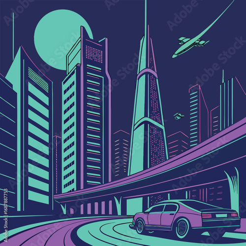 Car travels neon city road with plane and futuristic buildings under a bright moon