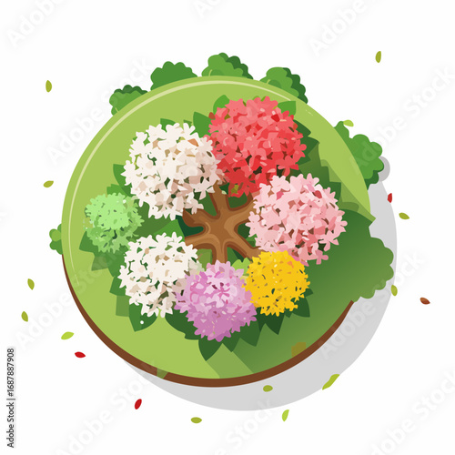 Vector blooming flower tree top view isolated on white background for landscape plan and architecture drawing, elements for environment and garden,botanical .