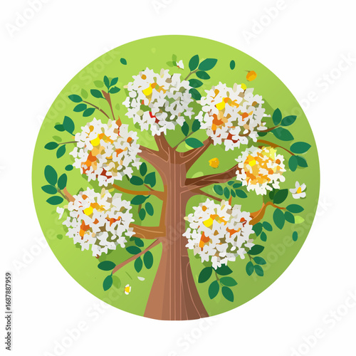 Vector blooming flower tree top view isolated on white background for landscape plan and architecture drawing, elements for environment and garden,botanical .