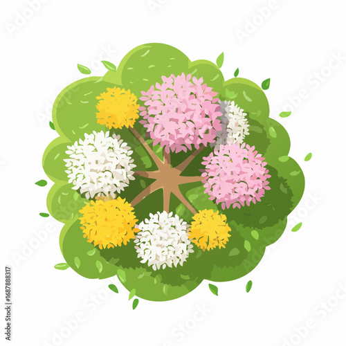 Vector blooming flower tree top view isolated on white background for landscape plan and architecture drawing, elements for environment and garden,botanical .