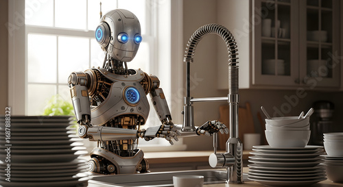 Robot ai kitchen appliance futuristic technology automation domestic helper home service housework cleaning dishes sink faucet modern design artificial intelligence