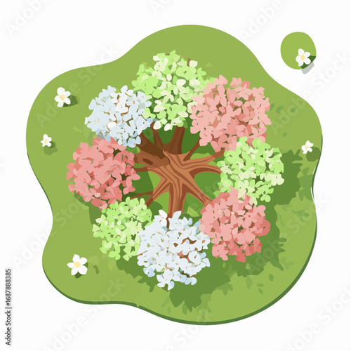 Vector blooming flower tree top view isolated on white background for landscape plan and architecture drawing, elements for environment and garden,botanical .