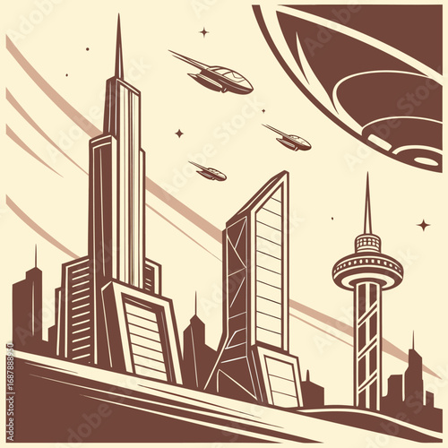 Retro styled city with skyscrapers and flying spaceships showcasing a nostalgic futuristic vision