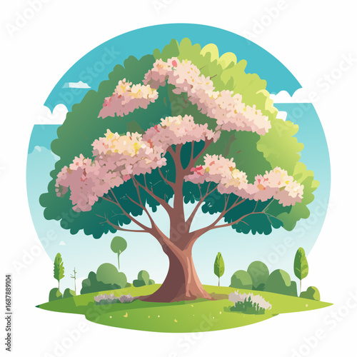 Vector watercolor of blooming tree isolated on white background for landscape plan and architecture drawing, elements for environment and garden,botanical elements ,blooming flowers in .