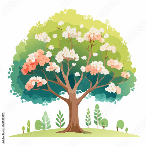 Vector watercolor of blooming tree isolated on white background for landscape plan and architecture drawing, elements for environment and garden,botanical elements ,blooming flowers in .