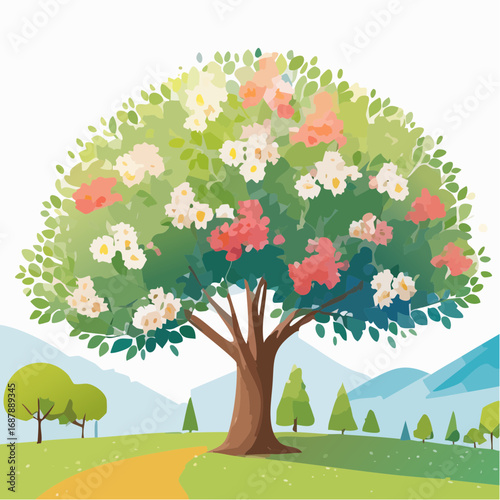 Vector watercolor of blooming tree isolated on white background for landscape plan and architecture drawing, elements for environment and garden,botanical elements ,blooming flowers in .