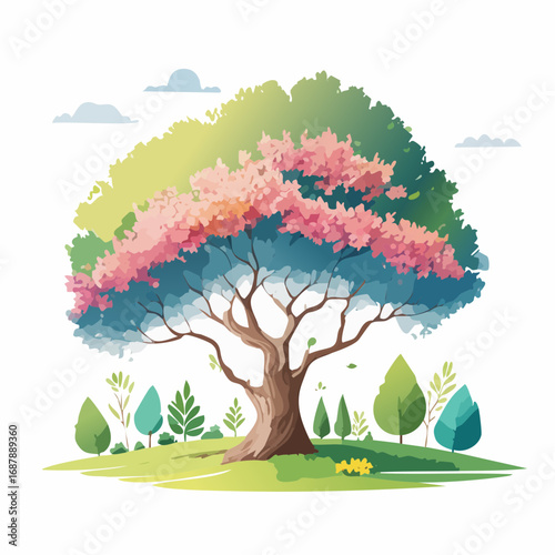 Vector watercolor of blooming tree isolated on white background for landscape plan and architecture drawing, elements for environment and garden,botanical elements ,blooming flowers in .