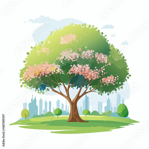 Vector watercolor of blooming tree isolated on white background for landscape plan and architecture drawing, elements for environment and garden,botanical elements ,blooming flowers in .