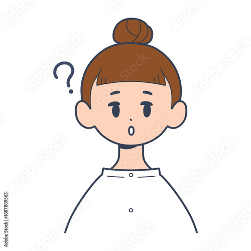 若い女性の考える表情　正面上半身　シンプルなイラスト