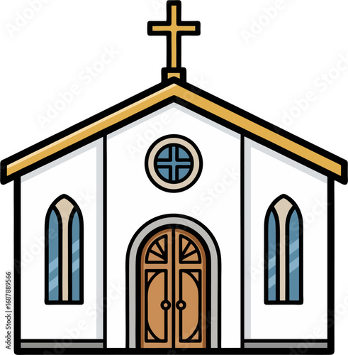 Flat Vector Illustration of a Christian Church with Cross, Wooden Door, and Arched Windows