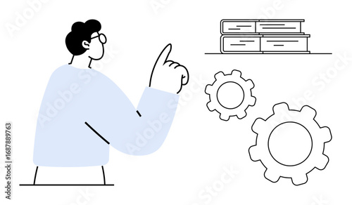 Person pointing at stacked books and gears, symbolizing learning, innovation, and problem-solving. Ideal for education, technology, teamwork, strategy, idea refinement workflow simple landing page