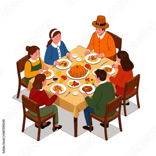 Vector art of family gathered around a table for thanksgiving dinner