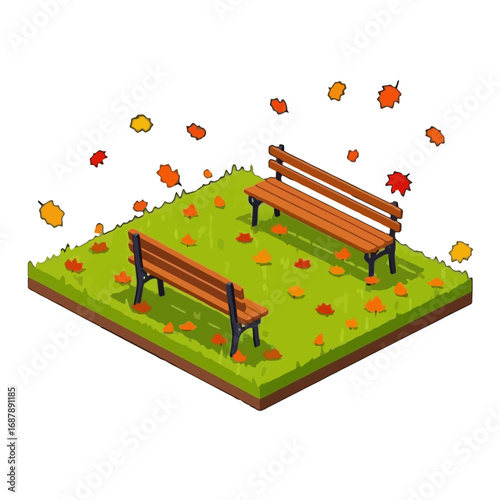 Vector art of isometric view of a park bench on a grassy square with fallen autumn leaves