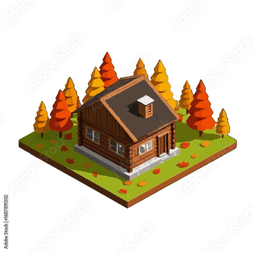 Vector art of cozy wooden cabin surrounded by colorful autumn trees