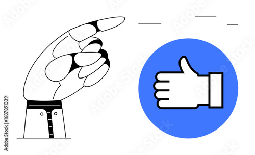 Robotic hand pointing at blue circle with thumb-up thumbs up icon, signifying interaction, technology, automation, approval. Ideal for innovation, AI, digital engagement, user experience robotics