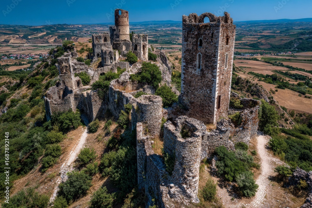 Fototapeta premium Ancient castle ruins on a hilltop overlooking a vast landscape during a clear sunny day
