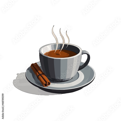 Vector art of a steaming cup of hot coffee or chocolate with cinnamon sticks on a saucer, isolated on a light background