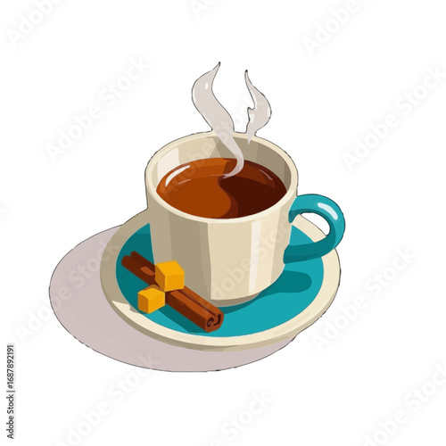 Vector art of a steaming cup of hot coffee with cinnamon stick and sugar cubes