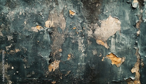 The image shows a textured wall surface with dark teal paint that is peeling and flaking in various places, revealing beige and brown underlayers beneath.