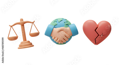 3d Cute Cartoon Social Issues Set Justice Peace Broken Heart Isolated Transparent Background