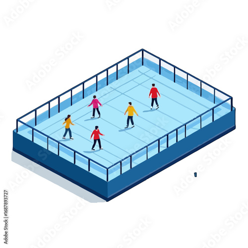 Vector art of isometric view of an outdoor ice skating rink with people enjoying winter sport