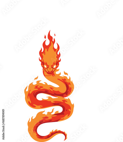 A vibrant pixel art illustration showcases a fiery serpent, its body composed of intensely colored orange and red flames. The snake coils elegantly, its head raised, exhibiting a menacing expression.