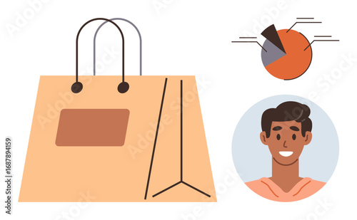 Paper shopping bag, smiling customer portrait, pie chart showcasing analytics. Ideal for e-commerce, online shopping, marketing, customer service, retail data analysis consumer behavior. Simple